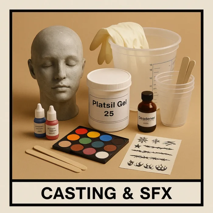 Casting silicone, pigments, deadener and prosthetic items arranged on a beige background.