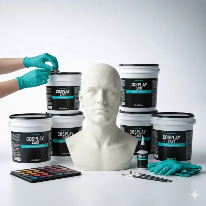 Casting silicone, pigments, deadener and prosthetic items arranged on a silver background.