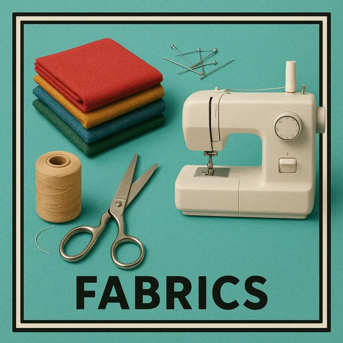 Sewing machine, colourful fabric swatches, thread, pins and scissors arranged on a teal background.